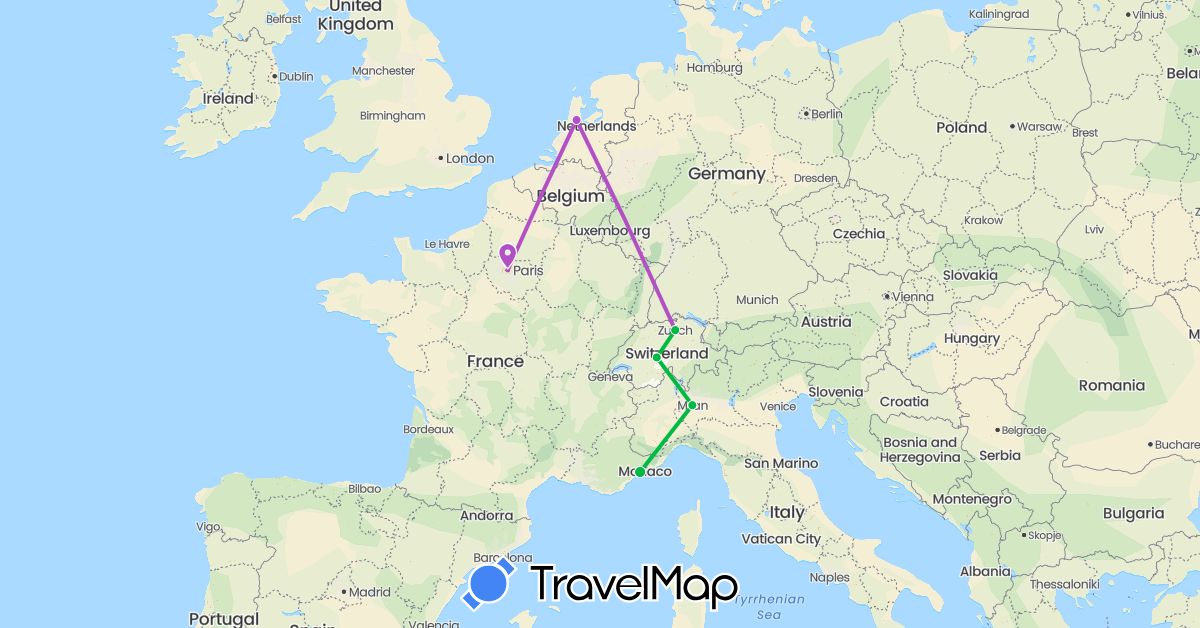 TravelMap itinerary: driving, bus, train in Switzerland, France, Italy, Netherlands (Europe)